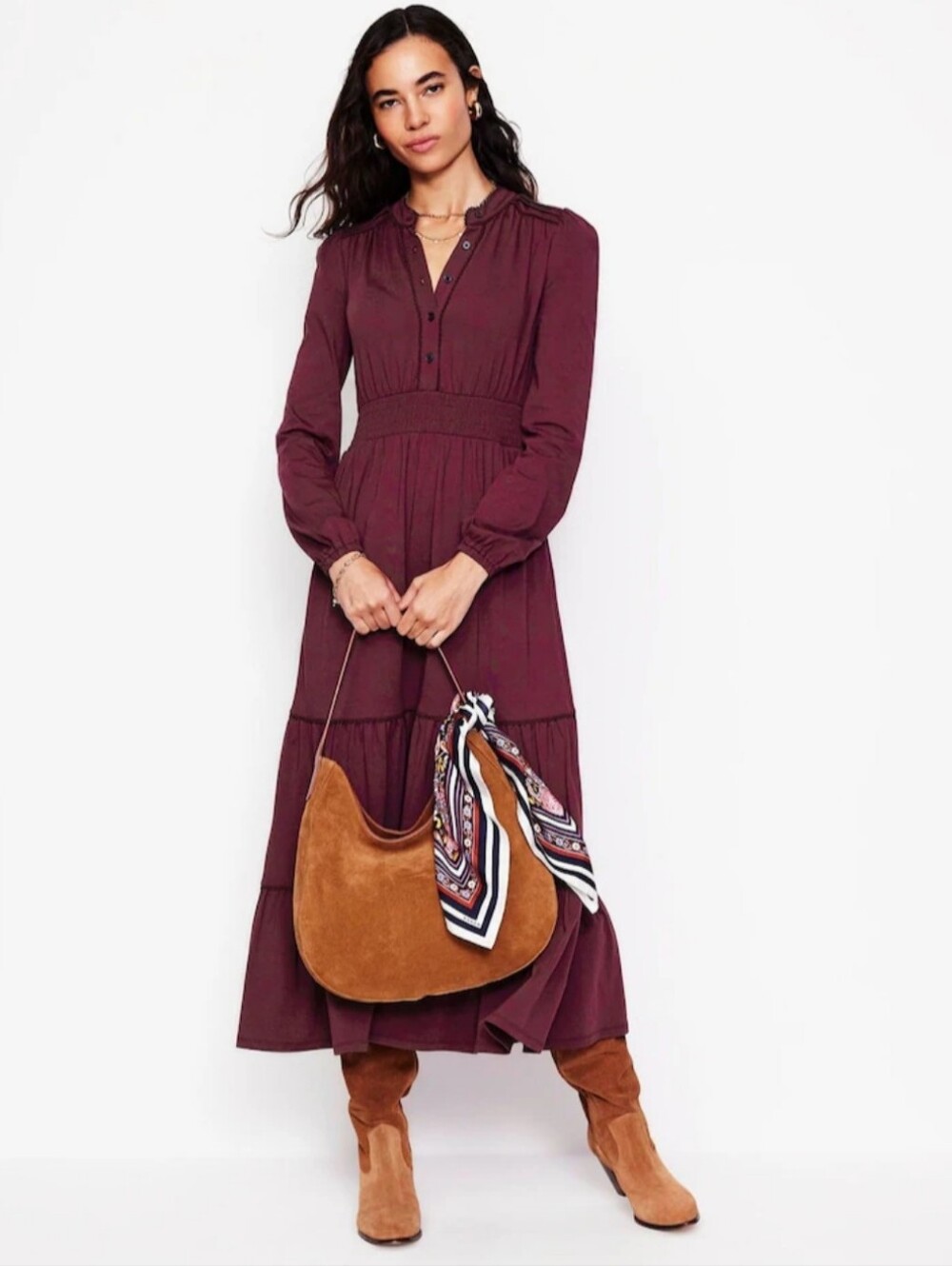 Boden Long Sleeve Shirred Waist Tiered Midi Boho Peasant Dress Burgundy Red Sz 2